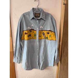 VTG EXPRESS Jeans Western Cowboy Horse Cactus Embroidered Denim Shirt Men's M